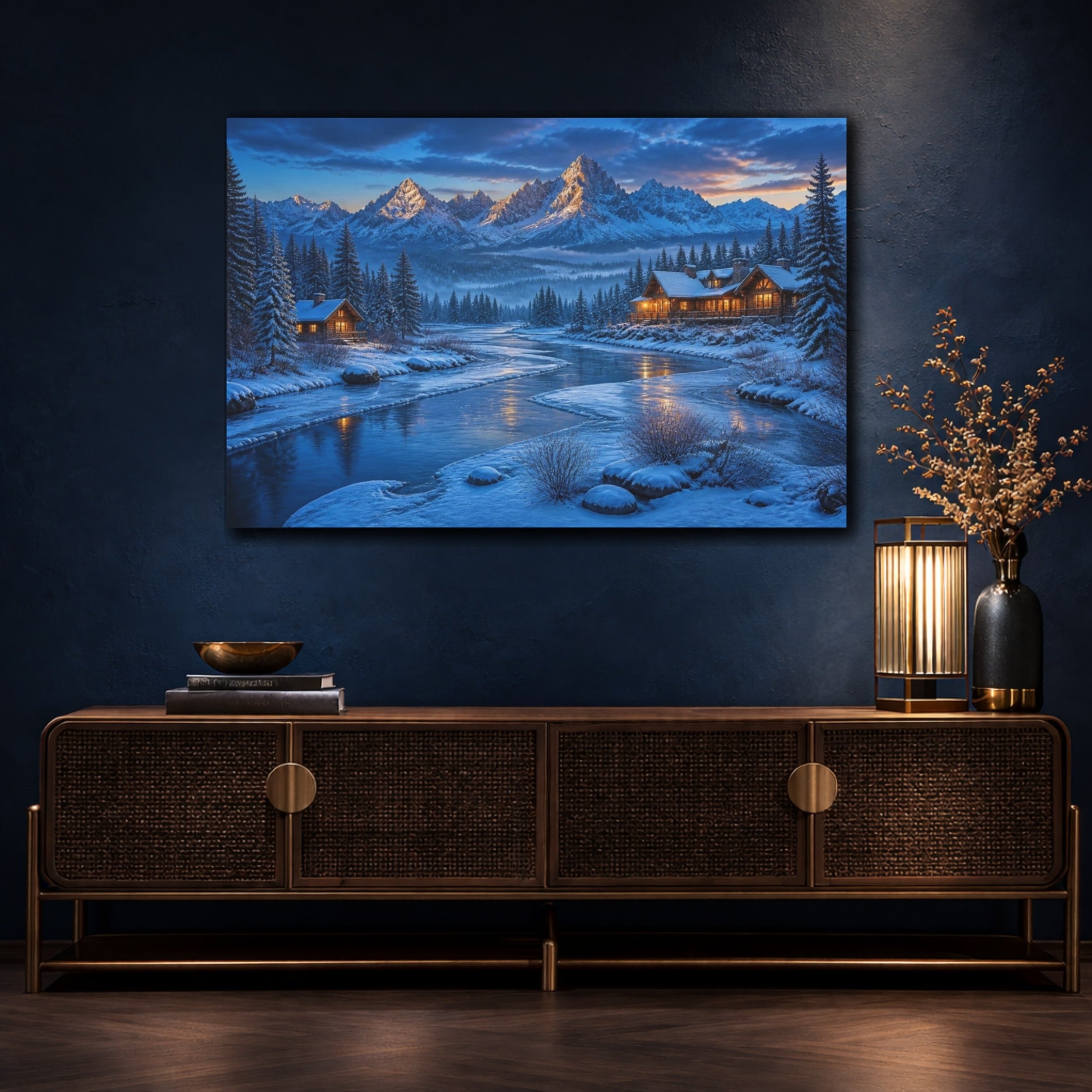 Mockup 4. Winter Landscape Cabin shown as canvas print