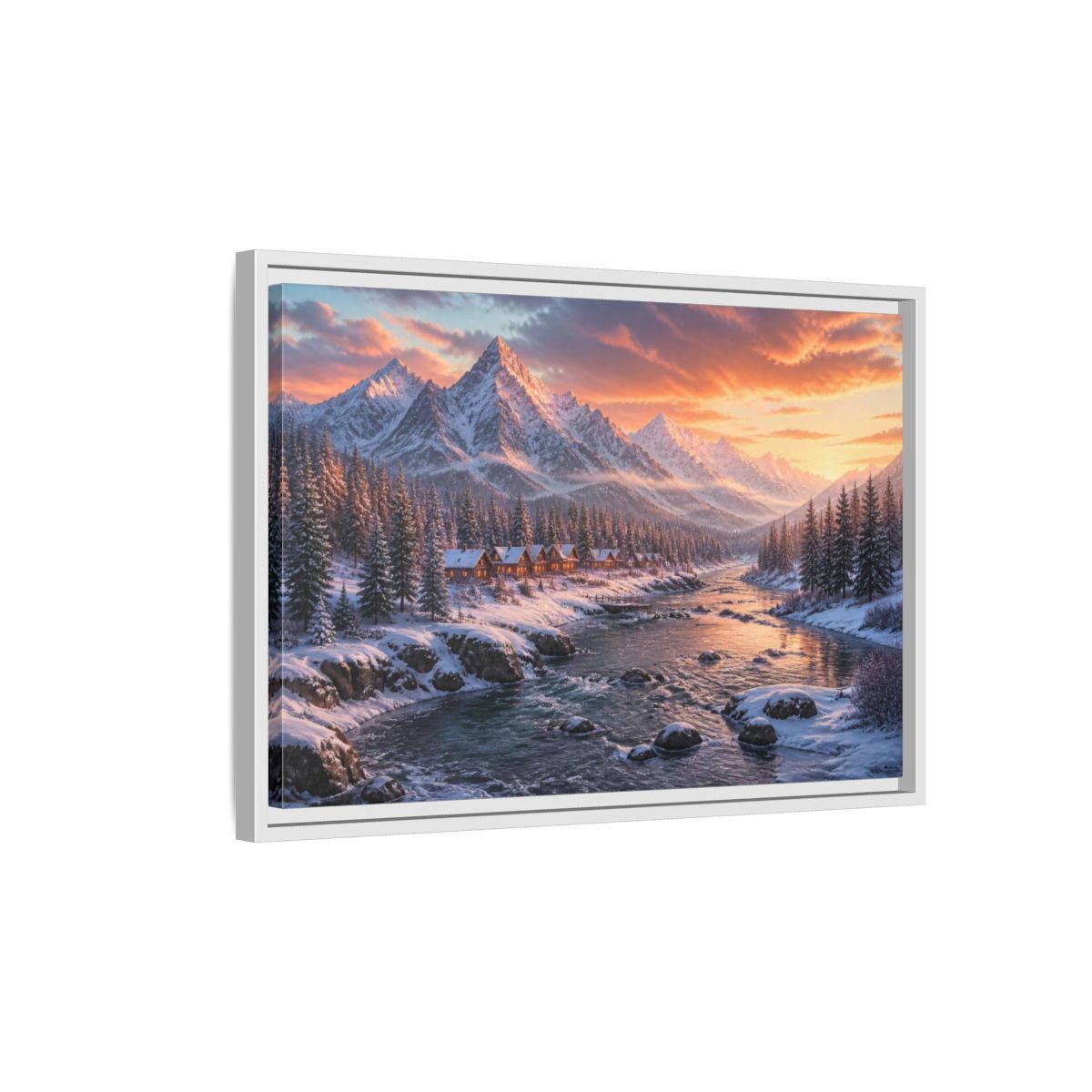 Side Mockup 1. Winter Mountain Landscape shown as framed canvas print