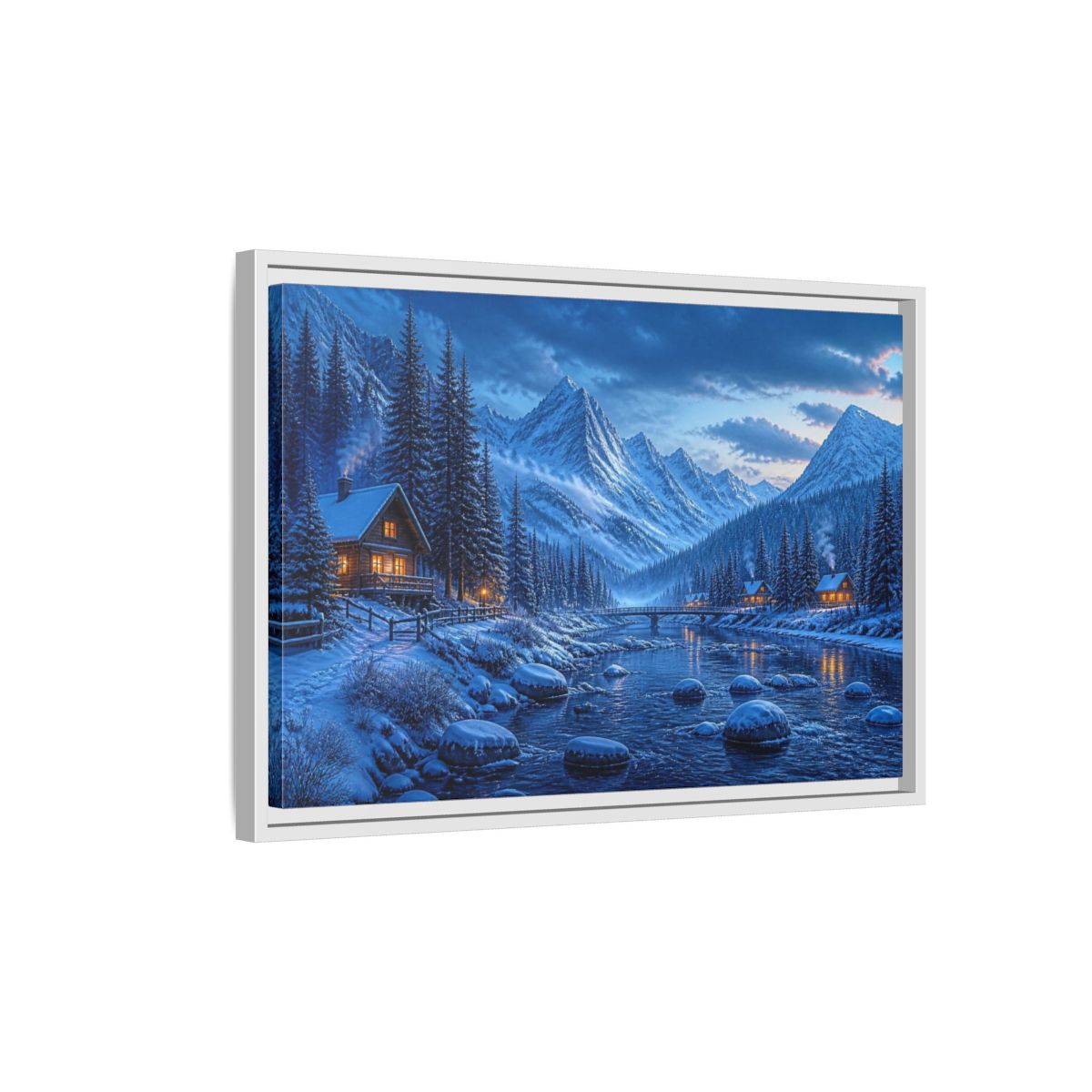 Side Mockup 1. Winter Mountain Landscape shown as framed canvas print