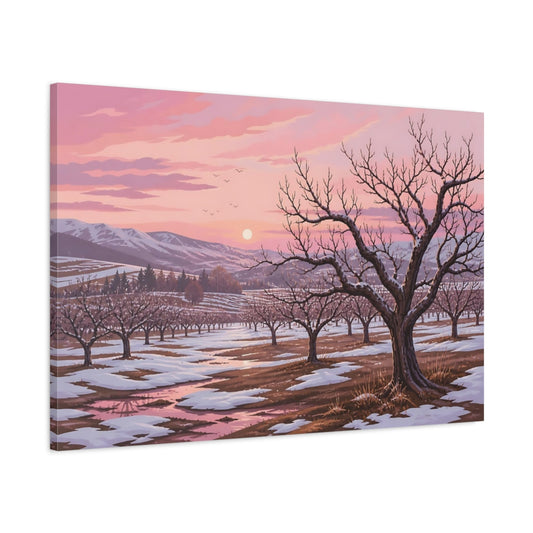 Main Mockup. Winter Orchard At Sunset shown as canvas print