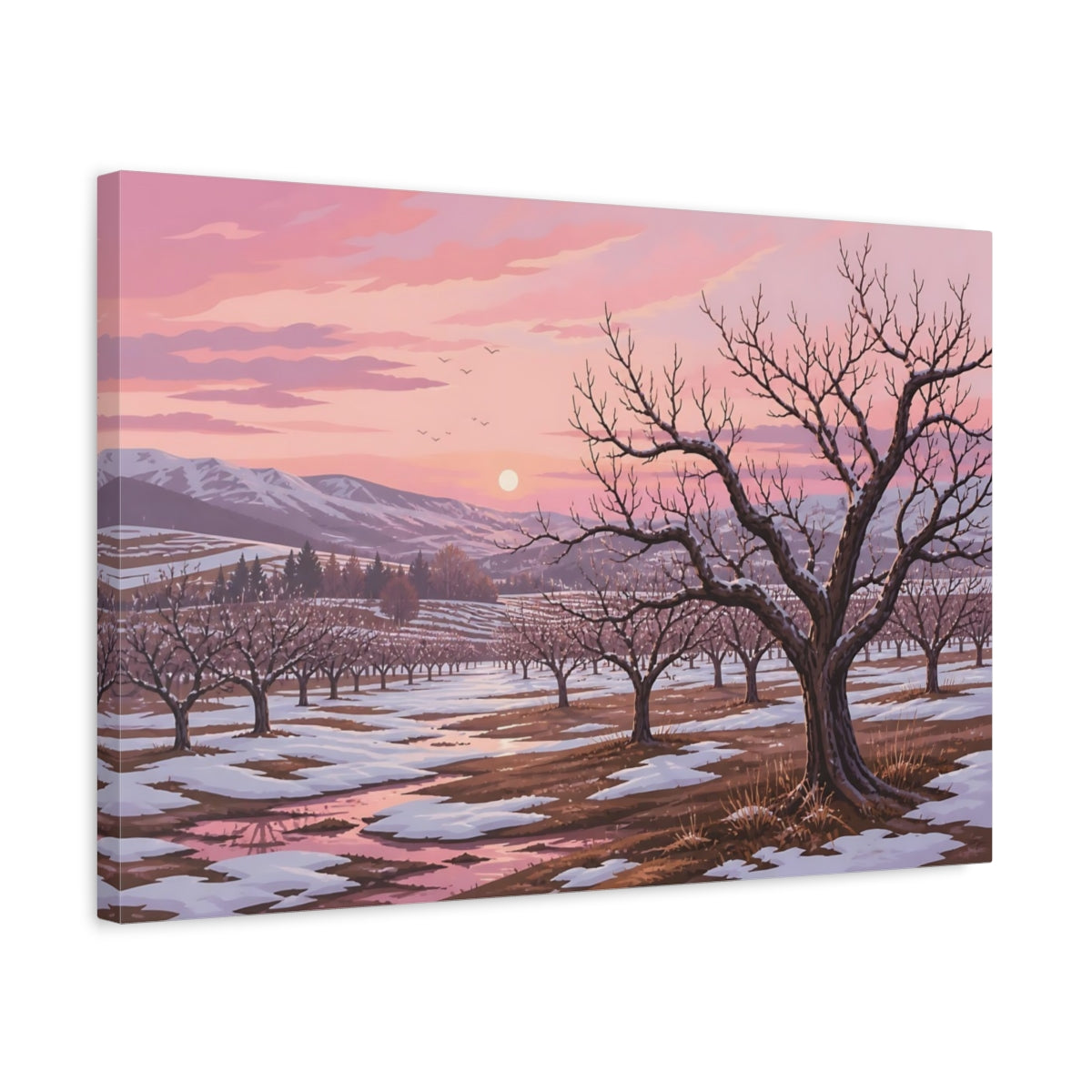 Side Mockup 3. Winter Orchard At Sunset shown as canvas print