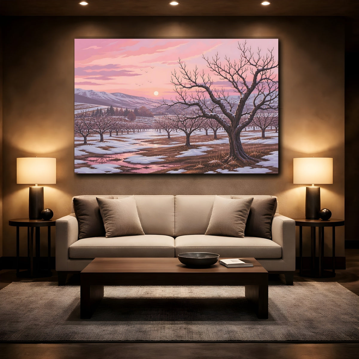 Mockup 2. Winter Orchard At Sunset shown as canvas print