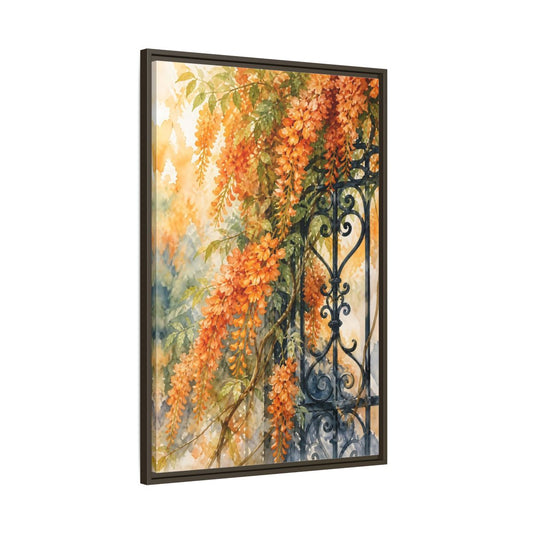 Main Mockup. Wisteria Flowers At Gate shown as framed canvas print