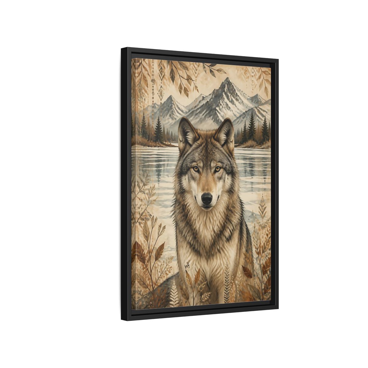 Side Mockup 3. Wolf Animals Boho shown as framed canvas print