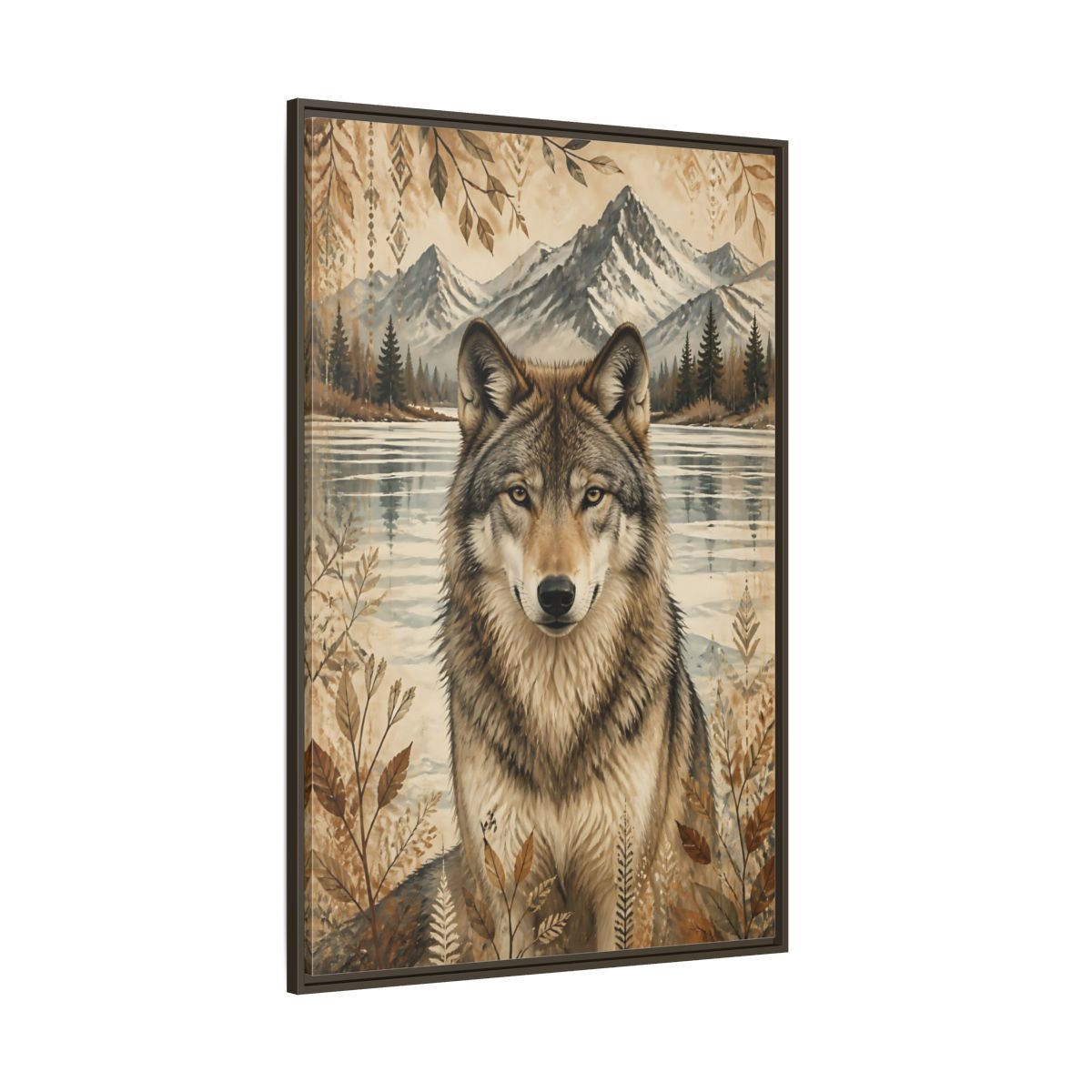 Side Mockup 8. Wolf Animals Boho shown as framed canvas print