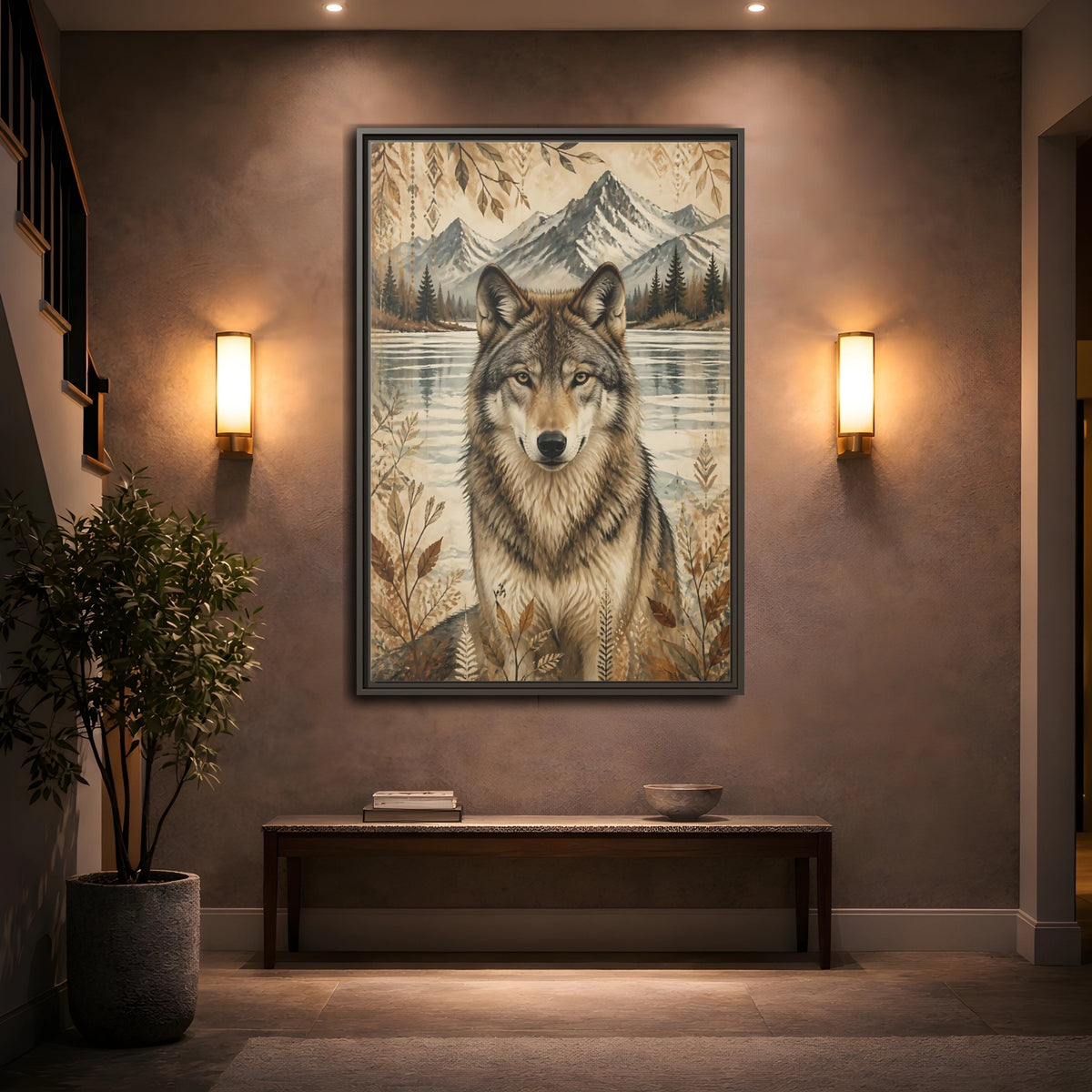 Mockup 2. Wolf Animals Boho shown as framed canvas print