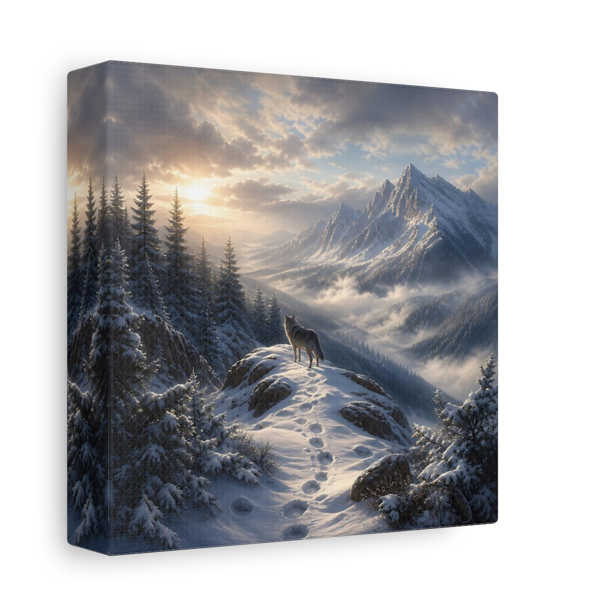 Side Mockup 2. Wolf On Snowy Landscape shown as canvas print