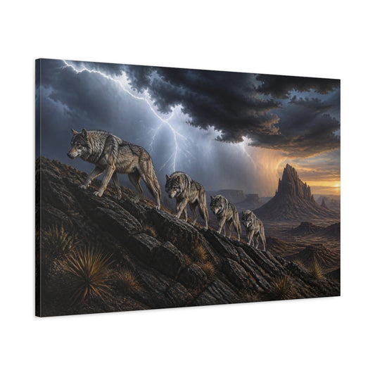 Main Mockup. Wolf Pack Desert Landscape shown as canvas print