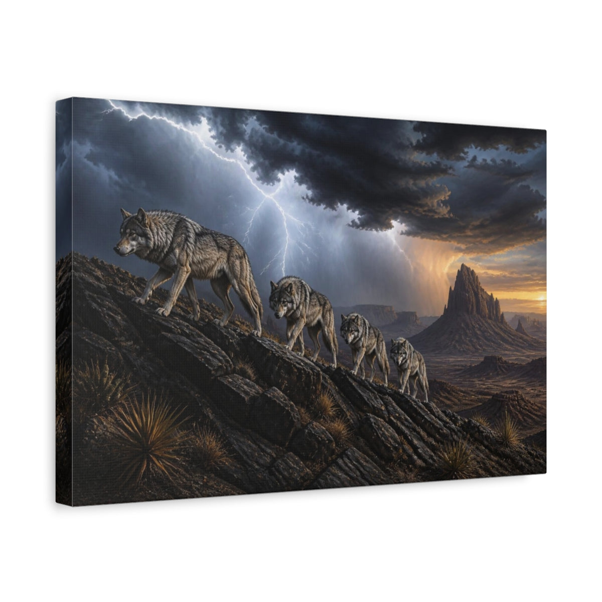 Side Mockup 4. Wolf Pack Desert Landscape shown as canvas print