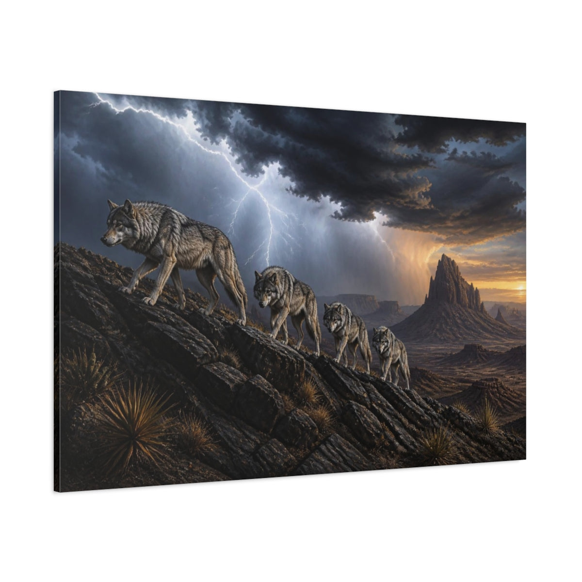 Side Mockup 1. Wolf Pack Desert Landscape shown as canvas print