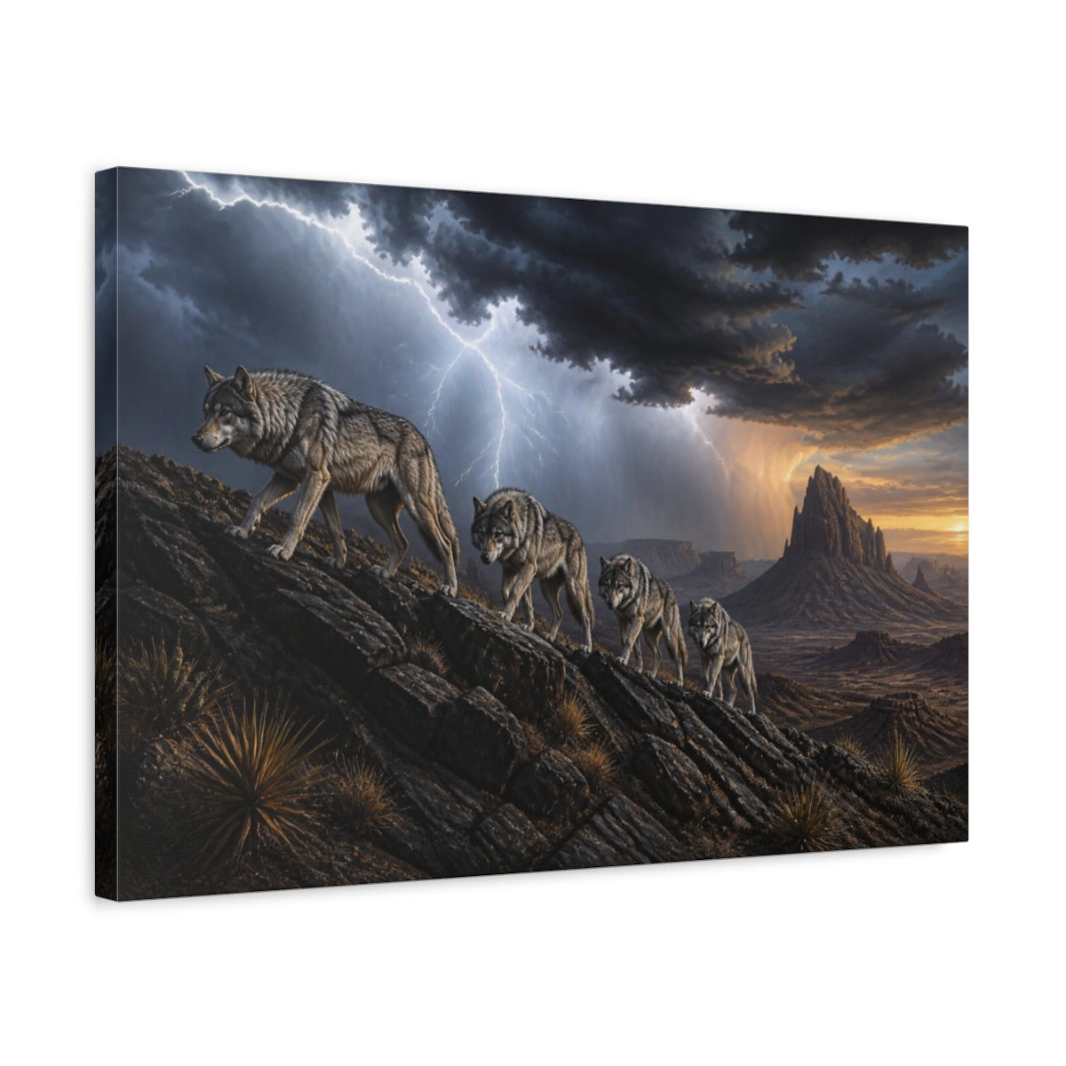 Side Mockup 3. Wolf Pack Desert Landscape shown as canvas print