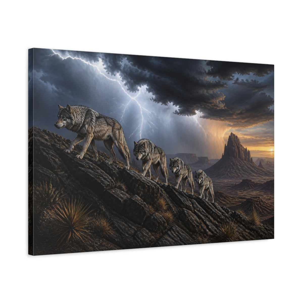 Side Mockup 2. Wolf Pack Desert Landscape shown as canvas print
