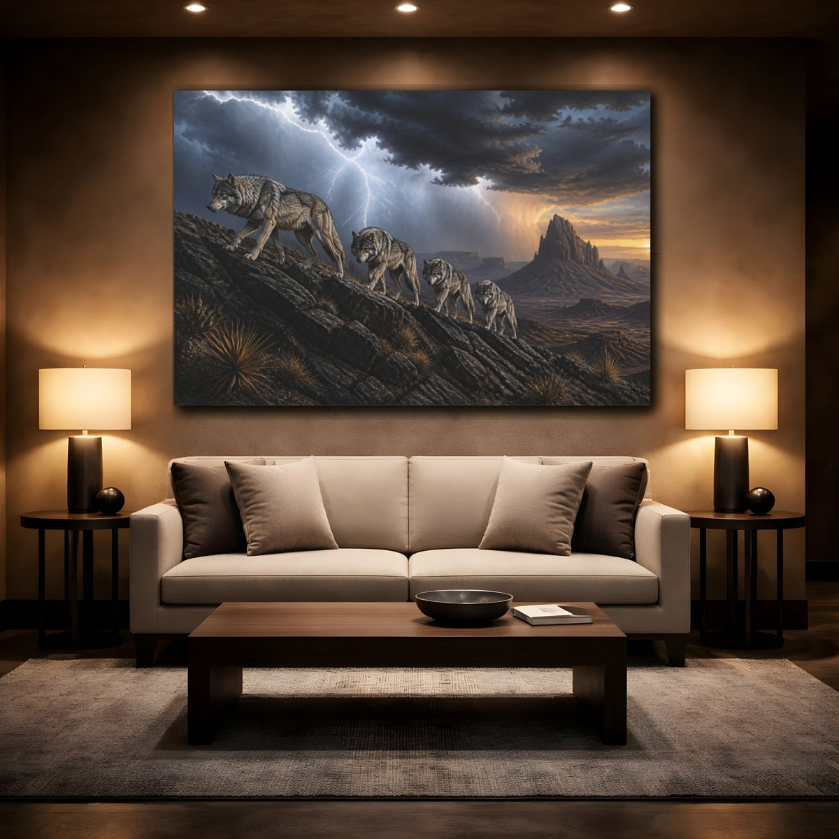 Mockup 2. Wolf Pack Desert Landscape shown as canvas print