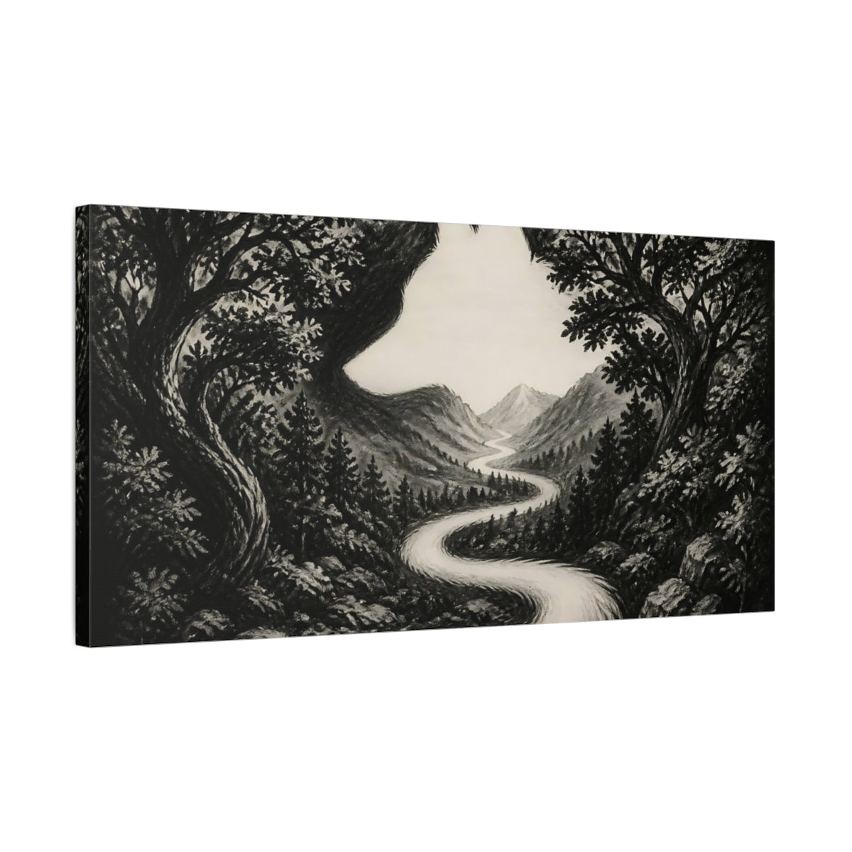 Side Mockup 1. Wolf Silhouette Valley shown as canvas print