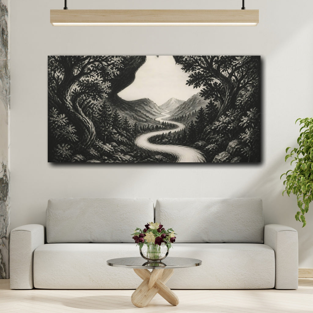 Mockup 2. Wolf Silhouette Valley shown as canvas print