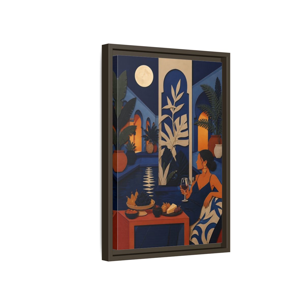 Side Mockup 5. Woman In Moonlit Courtyard shown as framed canvas print