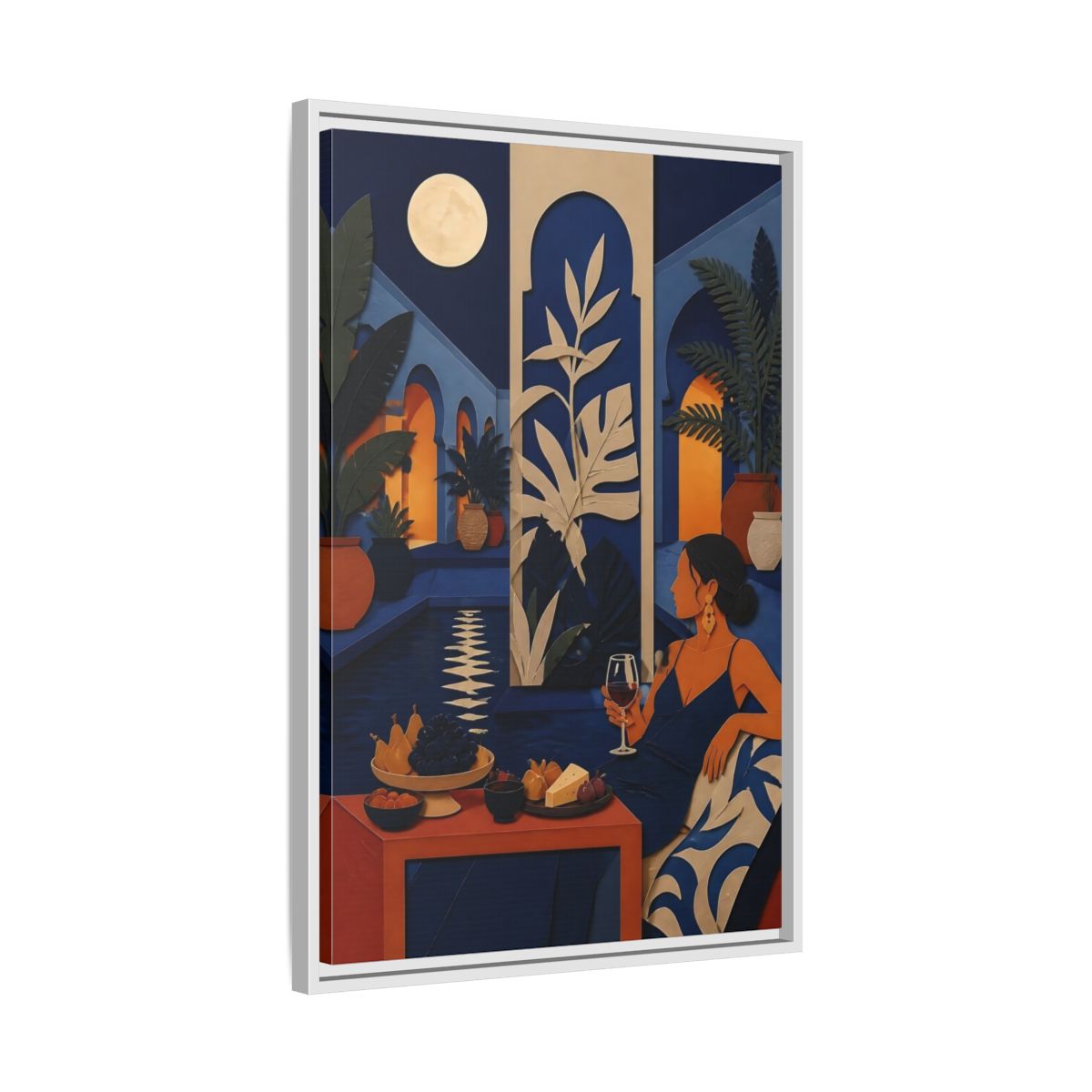 Side Mockup 10. Woman In Moonlit Courtyard shown as framed canvas print