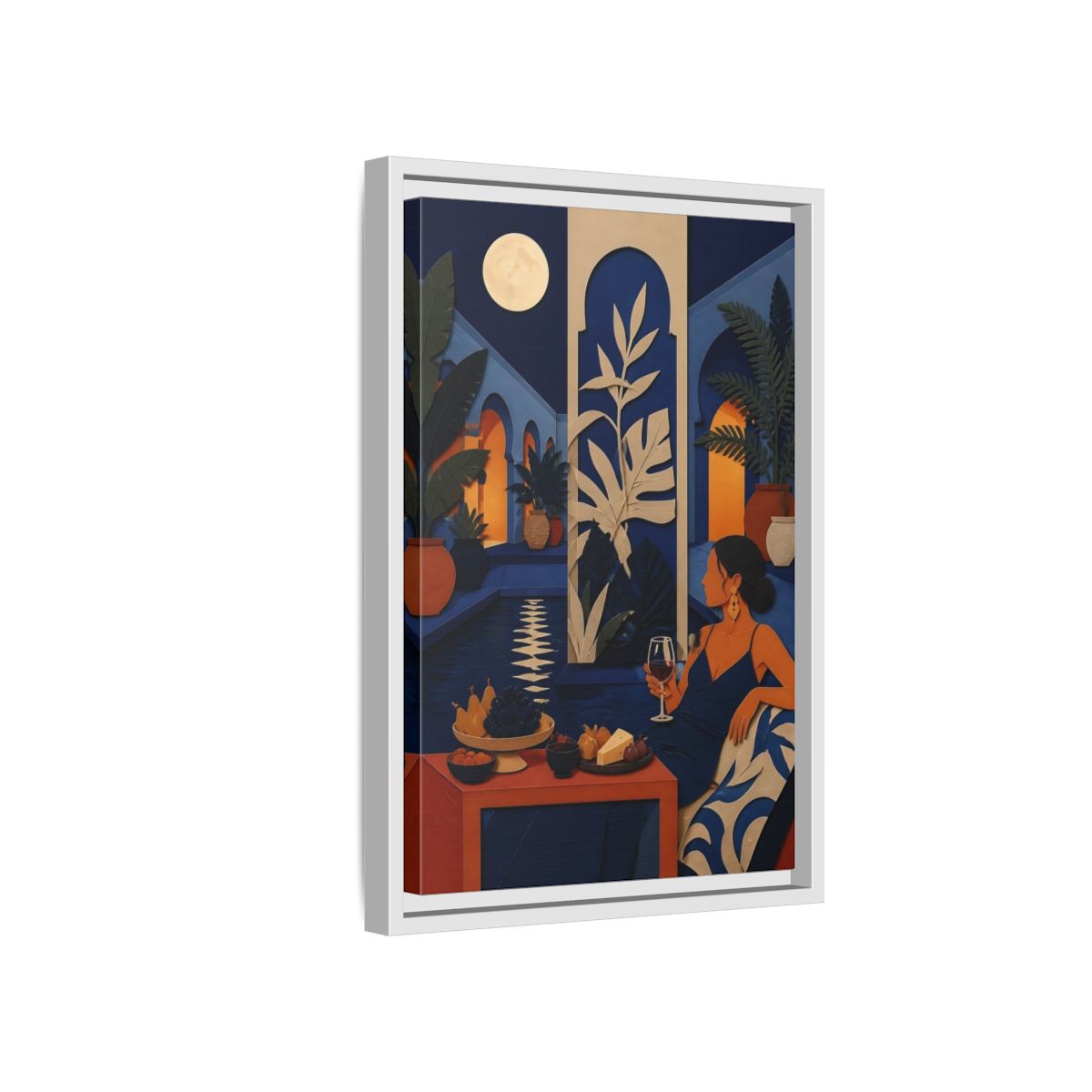 Side Mockup 4. Woman In Moonlit Courtyard shown as framed canvas print