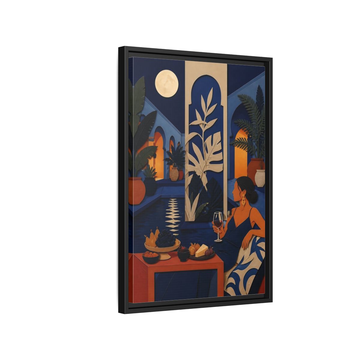 Side Mockup 3. Woman In Moonlit Courtyard shown as framed canvas print
