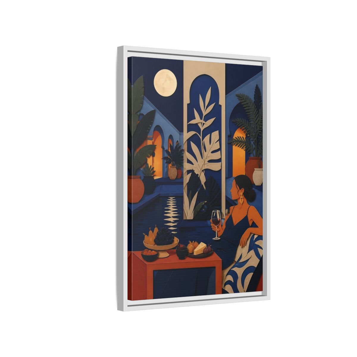 Side Mockup 1. Woman In Moonlit Courtyard shown as framed canvas print