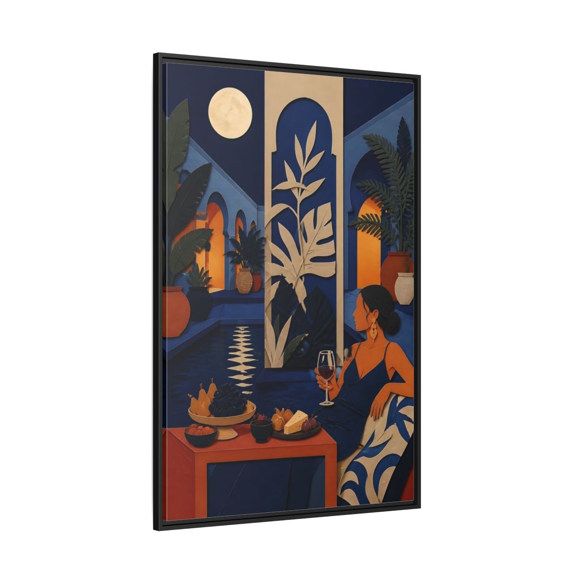 Side Mockup 12. Woman In Moonlit Courtyard shown as framed canvas print