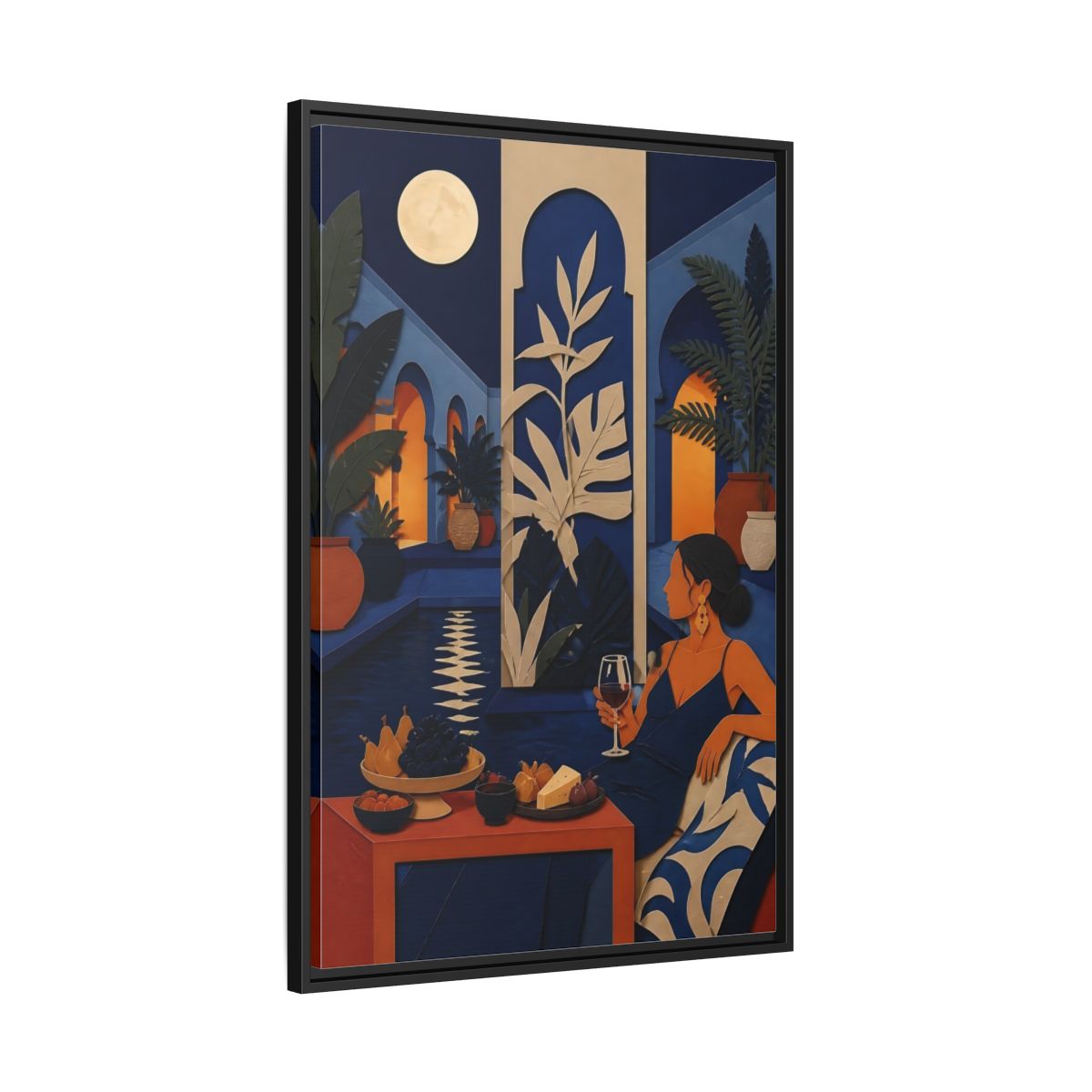 Side Mockup 13. Woman In Moonlit Courtyard shown as framed canvas print
