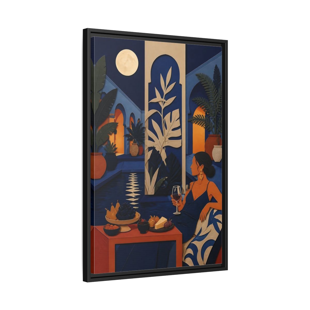 Side Mockup 14. Woman In Moonlit Courtyard shown as framed canvas print