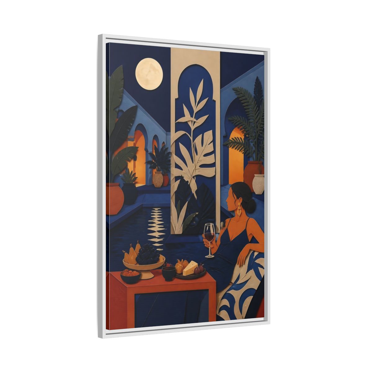 Side Mockup 9. Woman In Moonlit Courtyard shown as framed canvas print