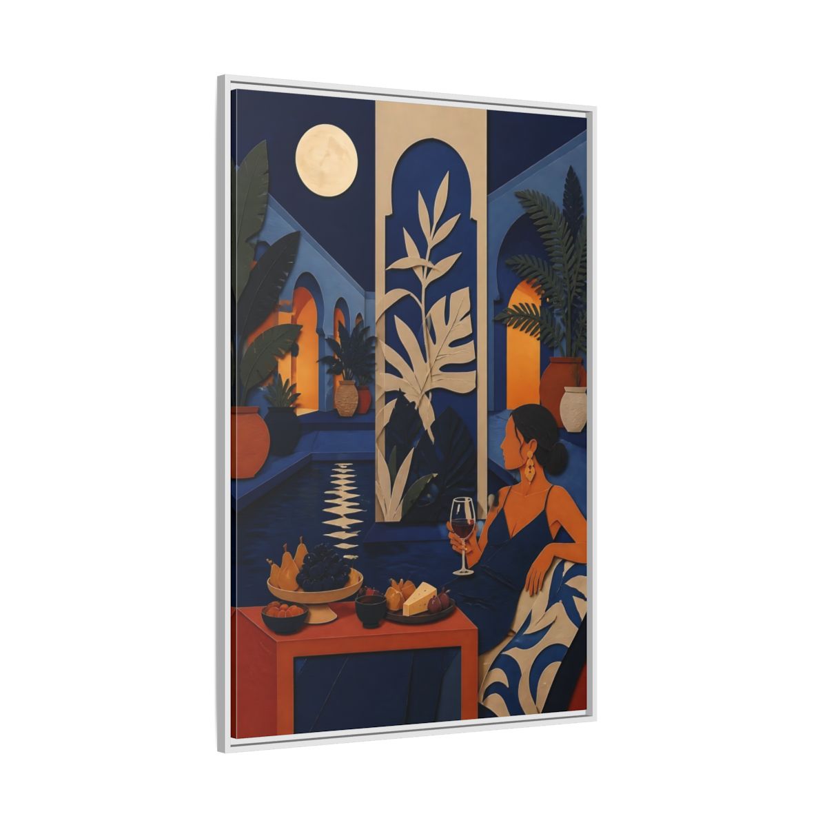 Side Mockup 7. Woman In Moonlit Courtyard shown as framed canvas print