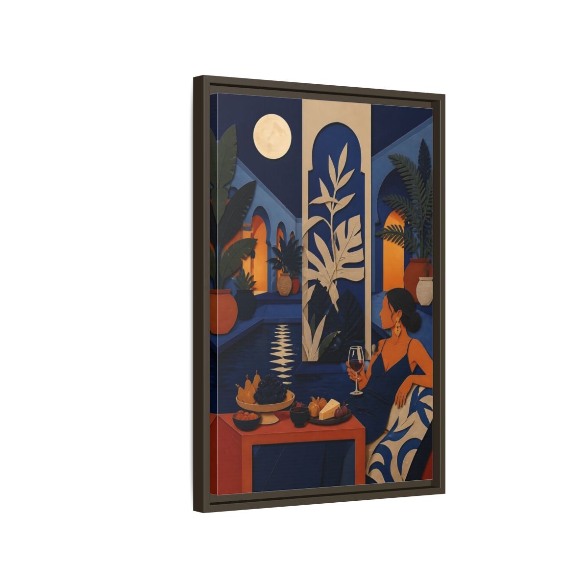Side Mockup 2. Woman In Moonlit Courtyard shown as framed canvas print