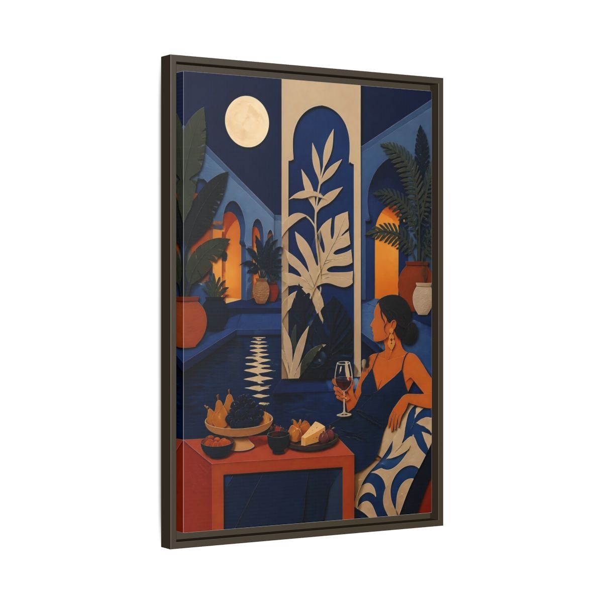 Side Mockup 11. Woman In Moonlit Courtyard shown as framed canvas print