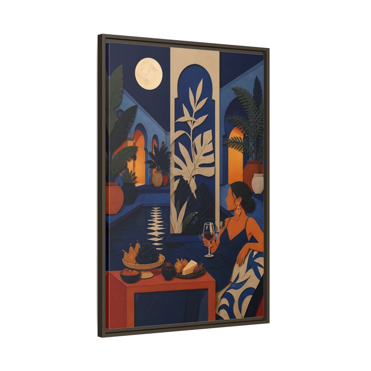 Main Mockup. Woman In Moonlit Courtyard shown as framed canvas print