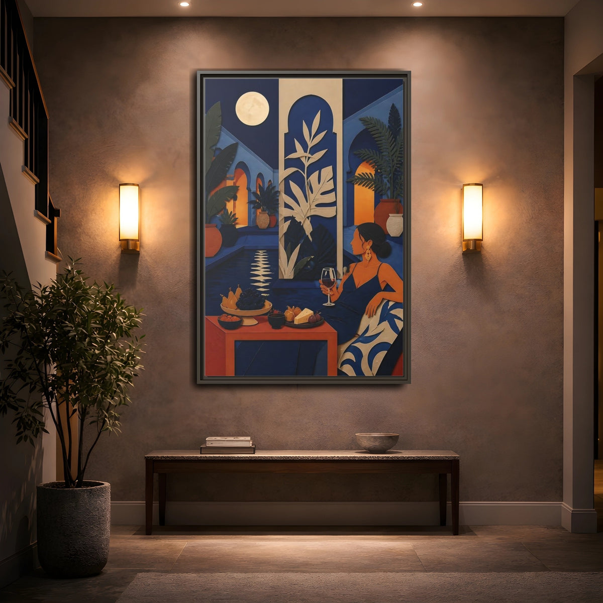 Mockup 2. Woman In Moonlit Courtyard shown as framed canvas print