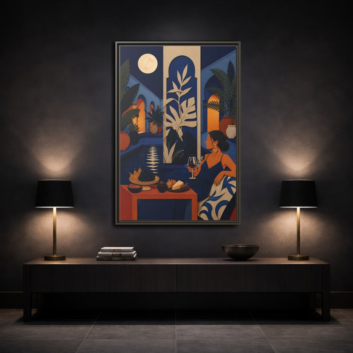 Mockup 3. Woman In Moonlit Courtyard shown as framed canvas print