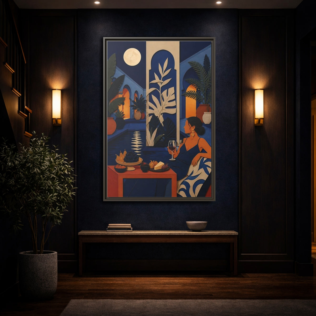 Mockup 4. Woman In Moonlit Courtyard shown as framed canvas print