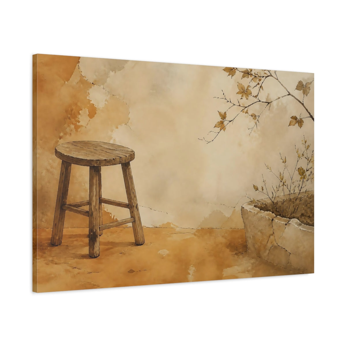 Main Mockup. Wooden Stool And Planter shown as canvas print
