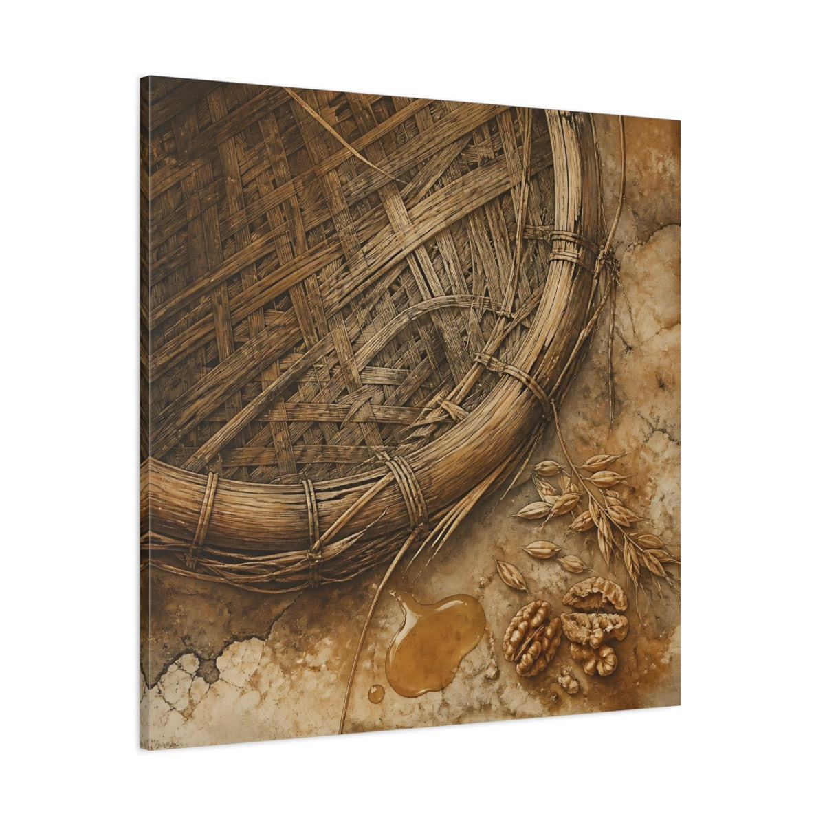 Side Mockup 1. Woven Basket And Walnuts shown as canvas print