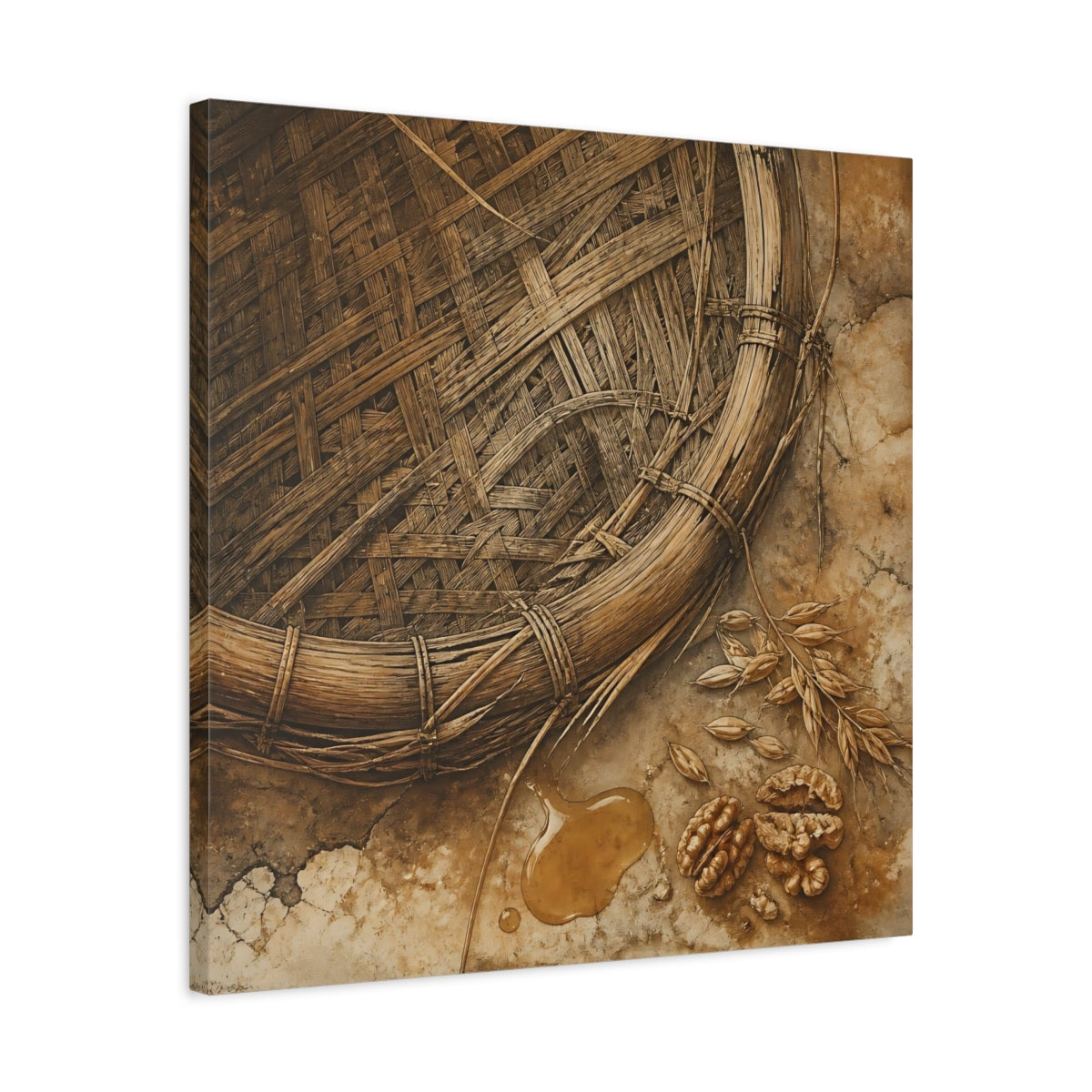 Side Mockup 4. Woven Basket And Walnuts shown as canvas print