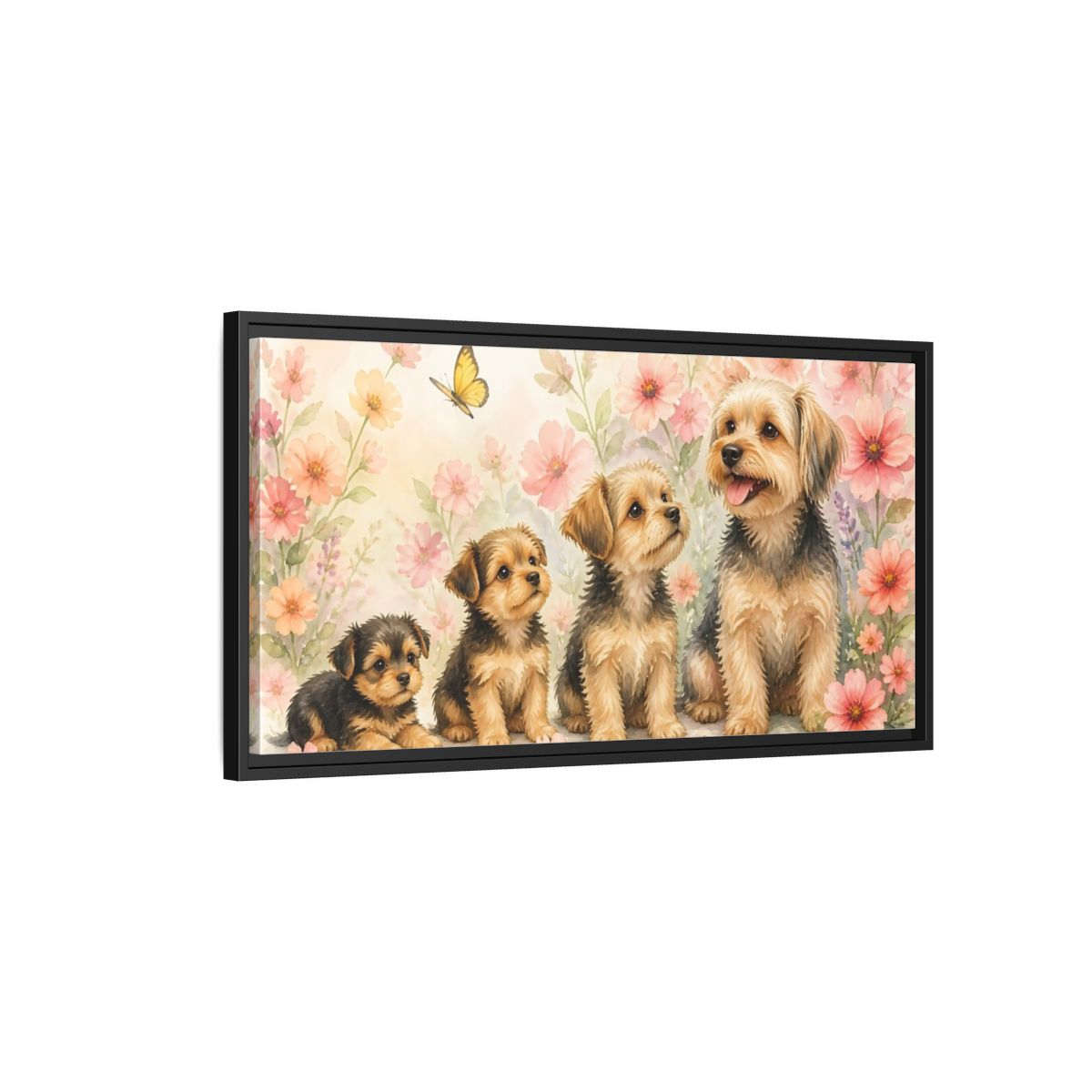 Side Mockup 2. Yorkshire Terrier Family Portrait shown as framed canvas print