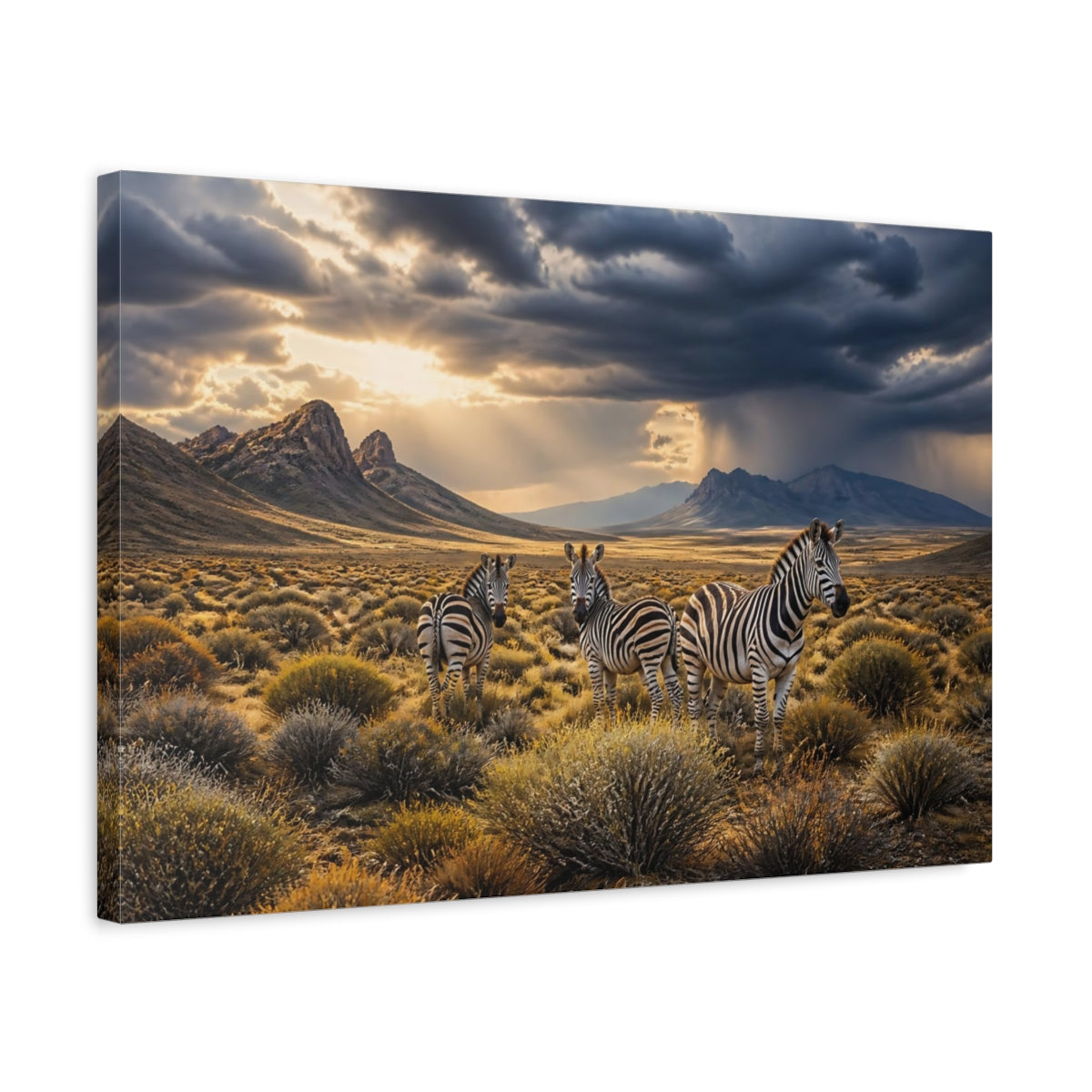 Side Mockup 3. Zebras In Storm Landscape shown as canvas print
