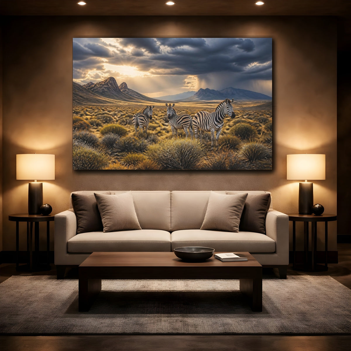 Mockup 2. Zebras In Storm Landscape shown as canvas print
