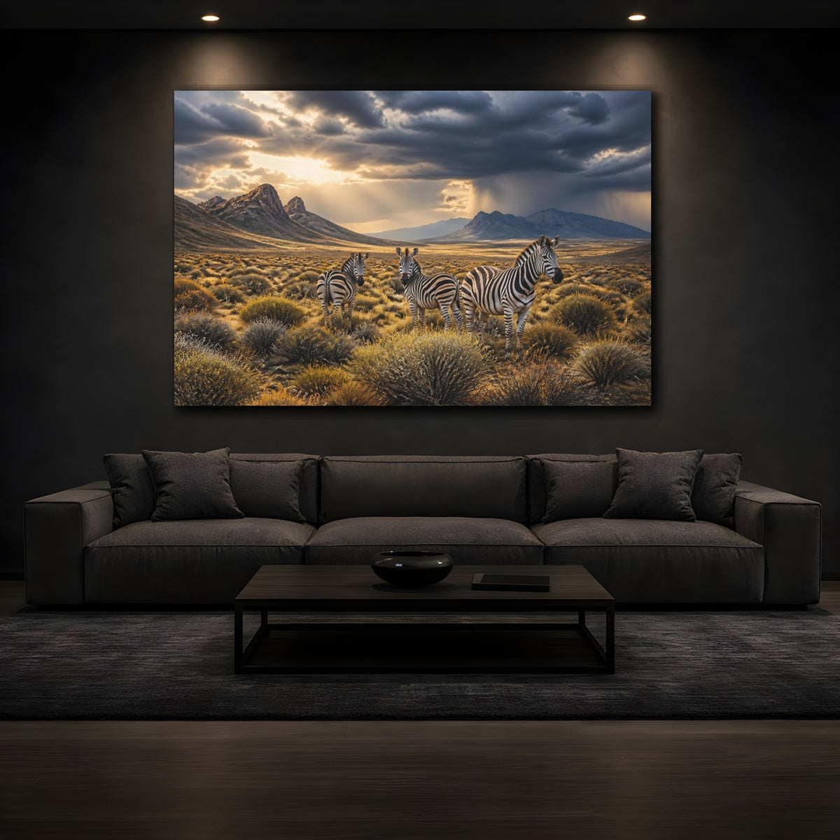 Mockup 3. Zebras In Storm Landscape shown as canvas print