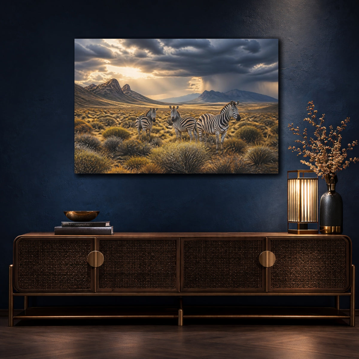 Mockup 4. Zebras In Storm Landscape shown as canvas print