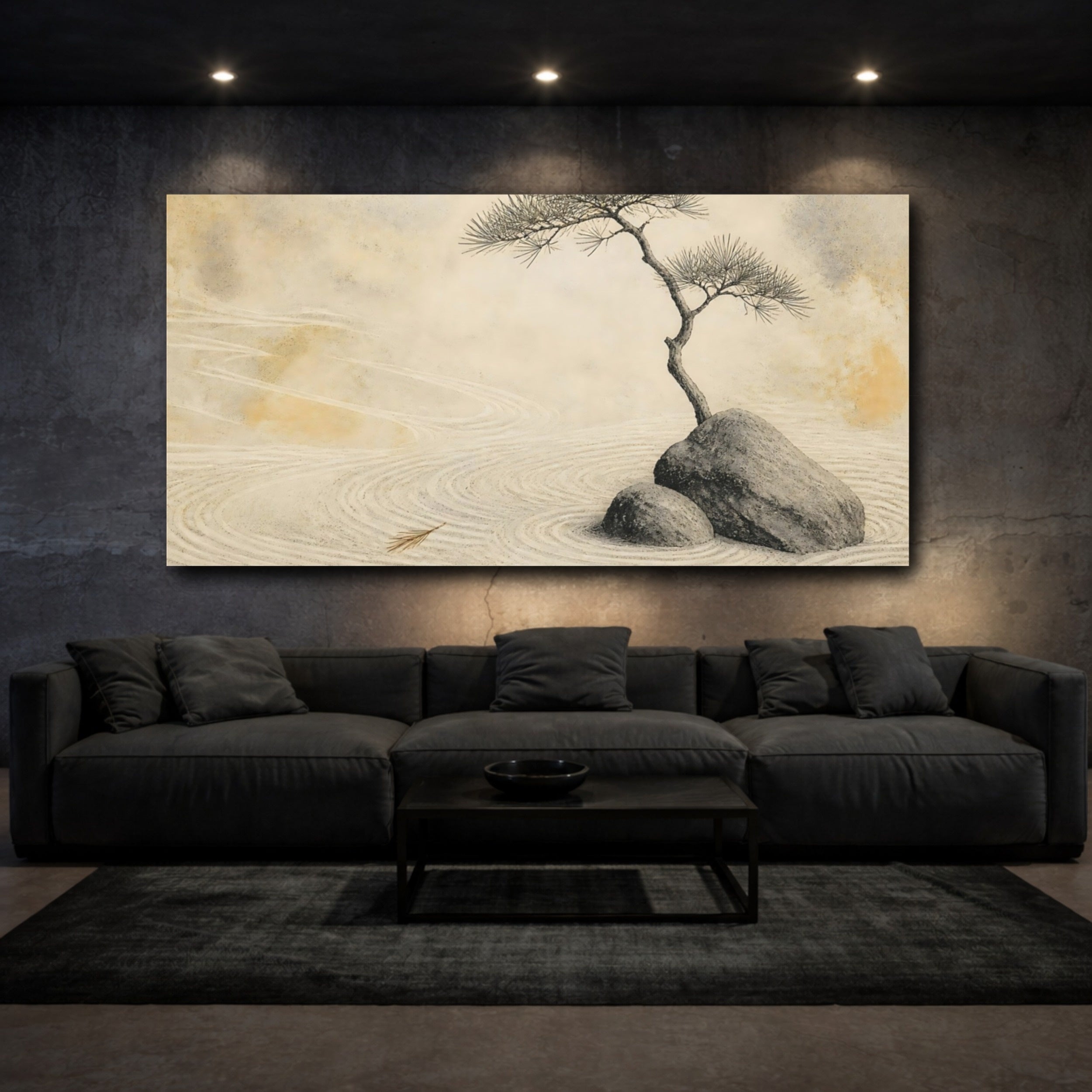 Mockup 3. Zen Pine On Rocks shown as canvas print