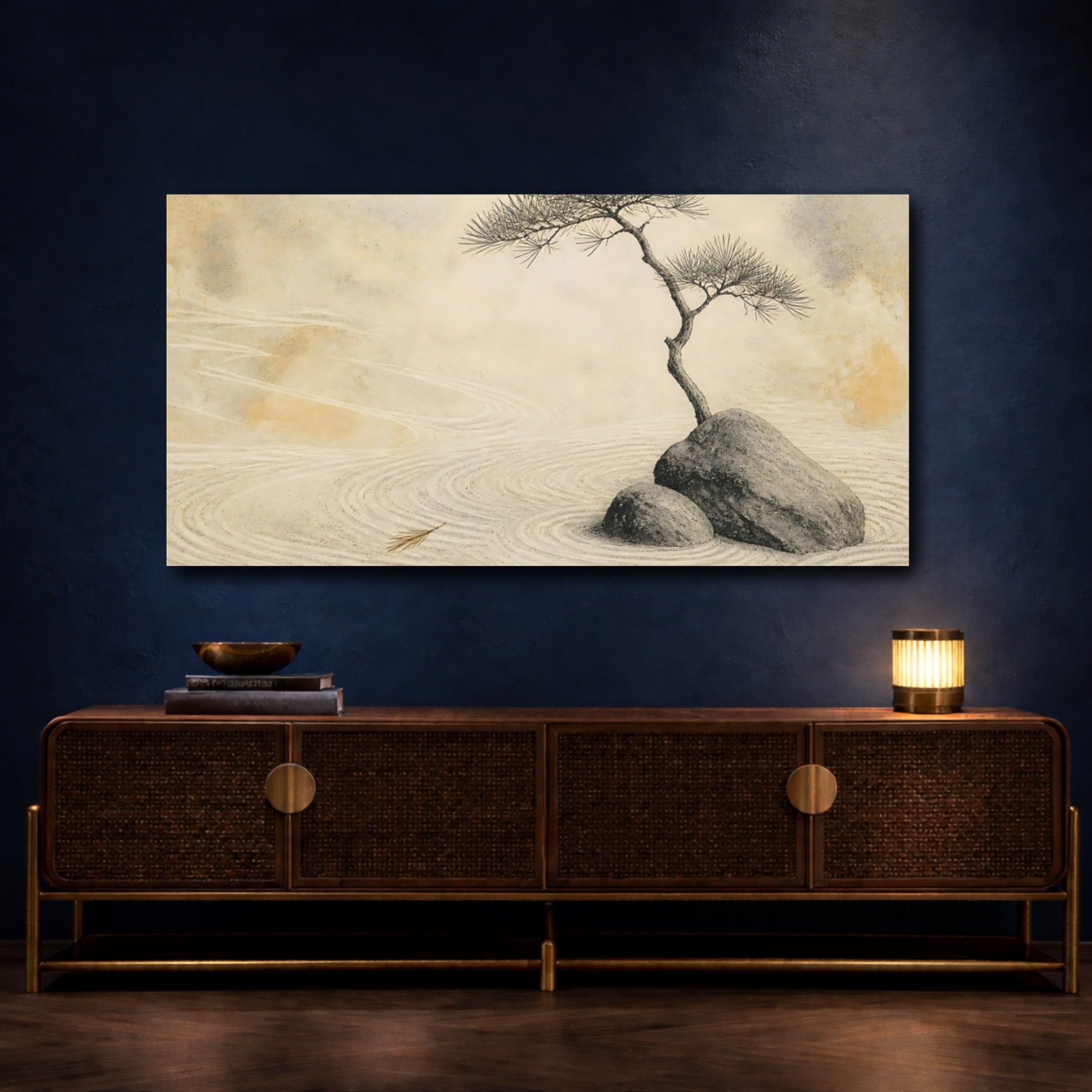 Mockup 4. Zen Pine On Rocks shown as canvas print